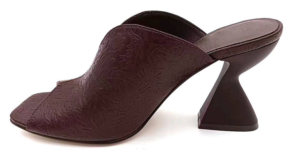 Vintage Floral Embossed PU Mule z V-Shaped Top-Line & Sculptured Block Heel